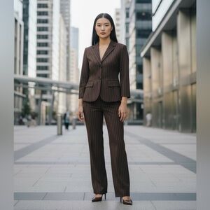 Elegant Brown Women's Pinstripe Pantsuit blazer and pants